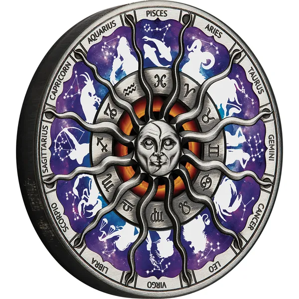 2023 $5 Signs Of The Zodiac 5oz Silver Antiqued Coloured Coin - Reverse View