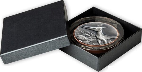 2023 Pteranodon Supersize Silver Copper Bimetal Ultra High Relief Coin - Open Box View