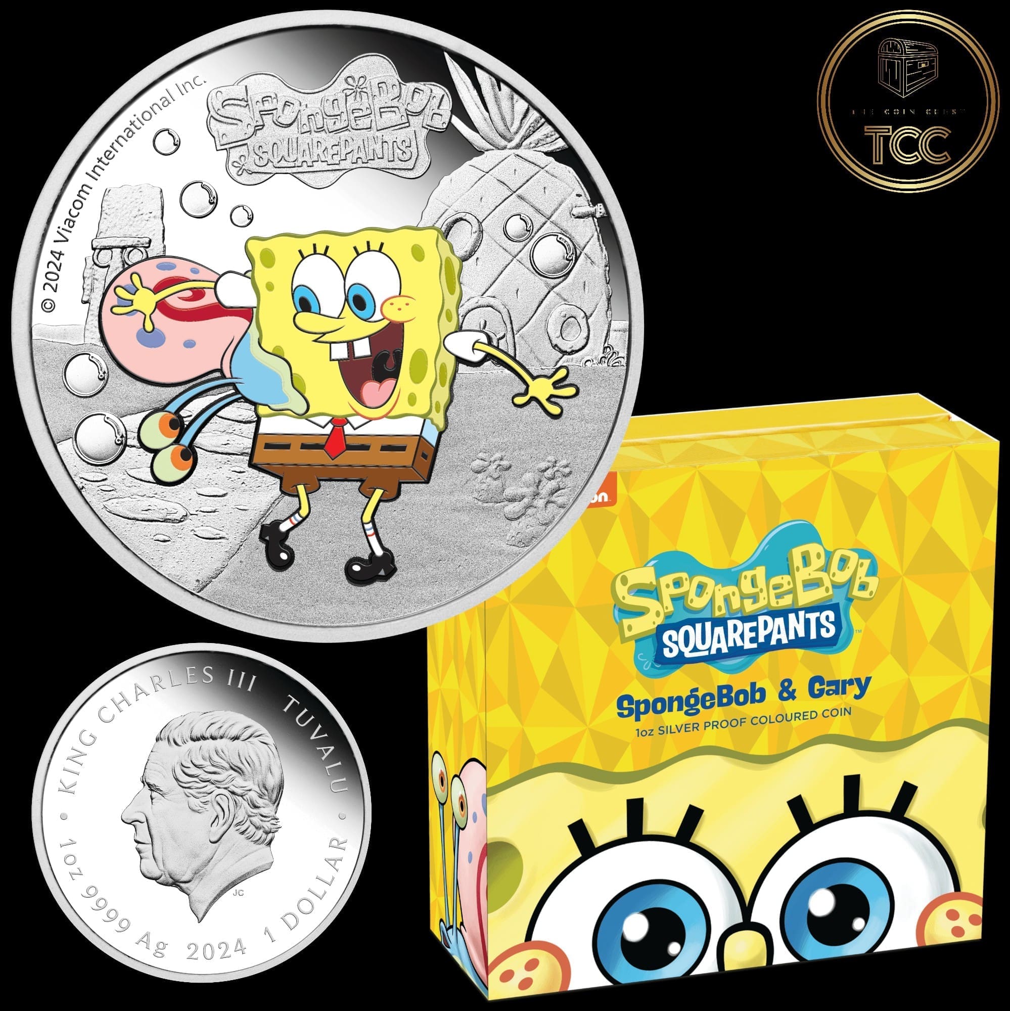 2024 $1 Spongebob & Gary - Spongebob Squarepants 1oz Silver Coloured Proof Coin