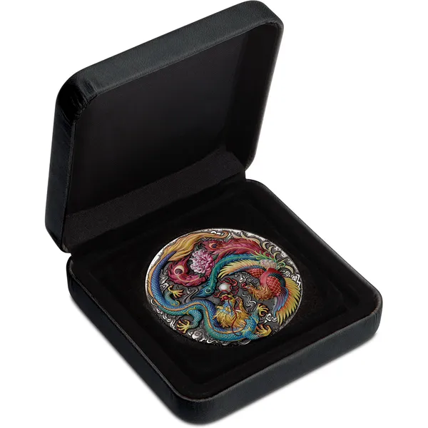 2024 $5 Dragon & Phoenix 5oz Silver Antiqued Coloured Coin - Cased View