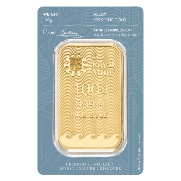 Britannia 100g Gold Cast Bar - Obverse Cased View