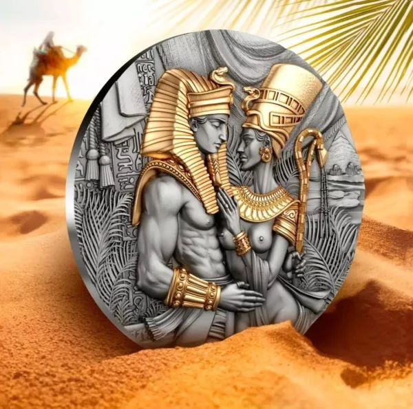 2023 Amenhotep & Nefertiti - Ultra High Relief 2oz Gilded Silver Coin - Image 2