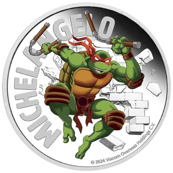 2024 $1 Michaelangelo TMNT 1oz Silver Proof Coloured Coin - Image 2