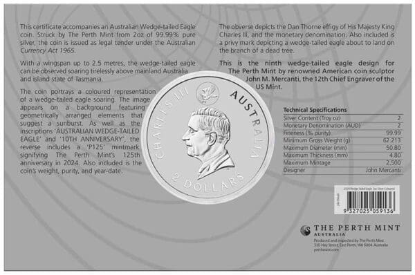 2024 $2 Australian Wedge-Tailed Eagle 10th Anniversary 2oz Silver Coin in Card - Image 3