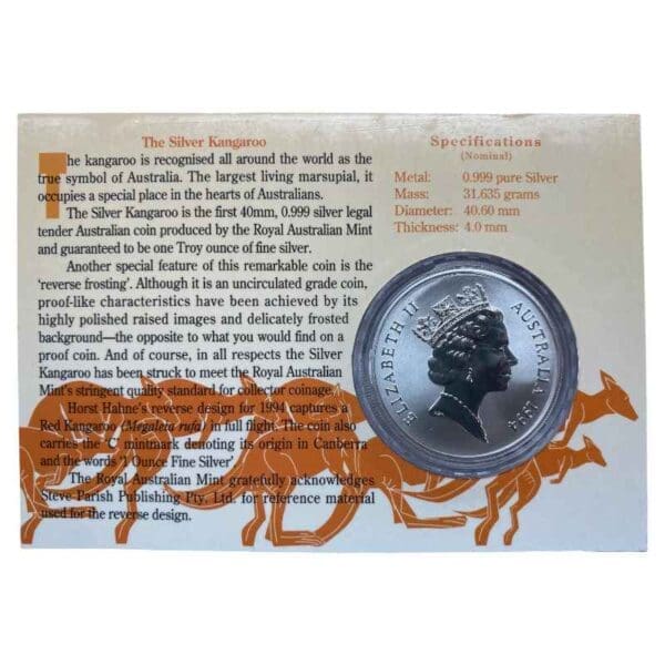 1994 $1 Kangaroo Series 1oz Silver Frosted UNC Coin - Image 2