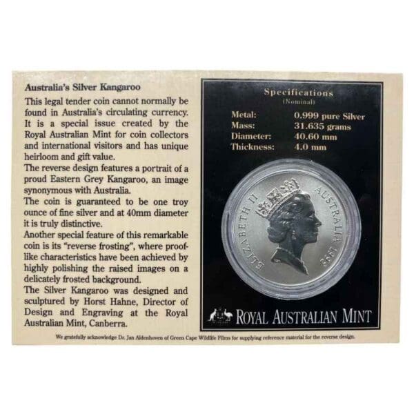 1995 $1 Kangaroo Series 1oz Silver Frosted UNC Coin - Image 2