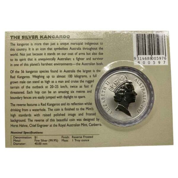 1997 $1 Kangaroo Series 1oz Silver Frosted UNC Coin - Image 2