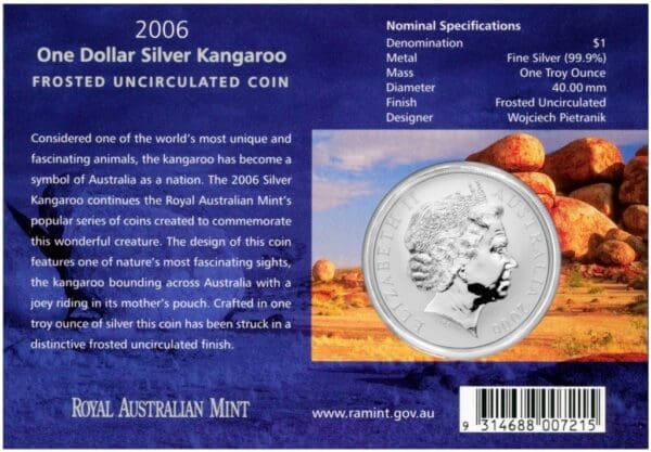 2006 $1 Kangaroo 1oz Silver UNC Frosted Coin - Image 2