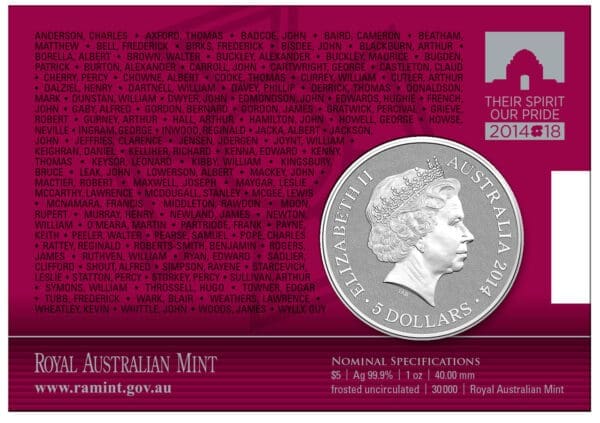 2014 $5 For Valour The Victoria Cross For Australia 1oz Silver Uncirculated Coin - Image 2