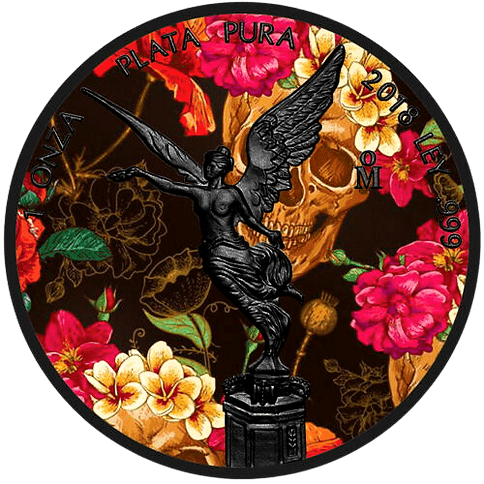 2018 Libertad Dia de los Muertos Mexico 1oz Silver Colourised & Ruthenium Plated