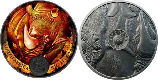 2020 Burning Rhino 1oz Silver Coloured Ruthenium South Africa Coin