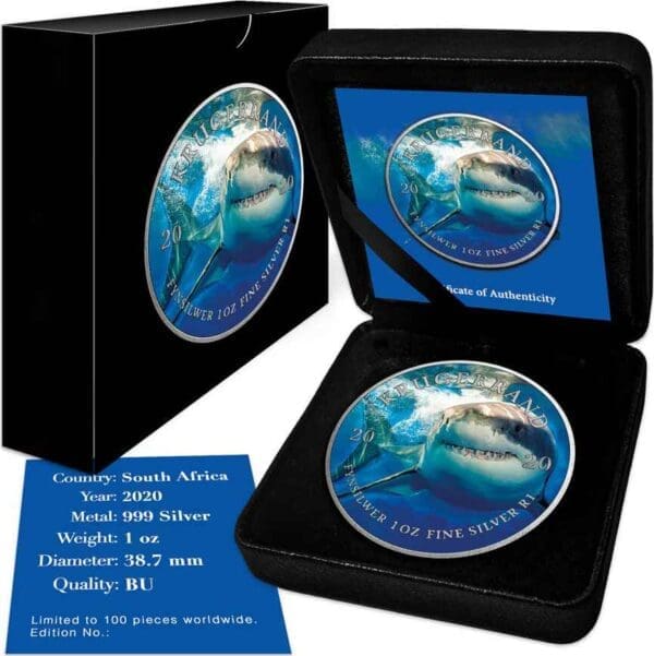 2020 Great White Shark - Ocean Giants 1oz Silver Coloured Krugerrand Coin - Image 2