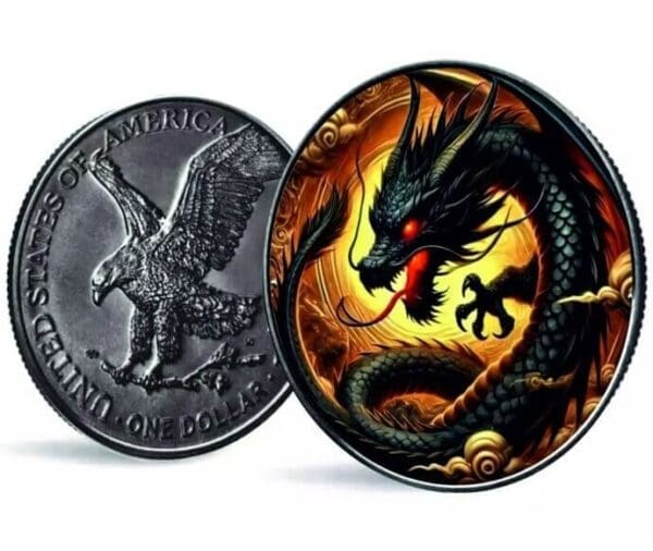 2024 Dragon of Darkness American Eagle Dragons Series 1oz Silver Colourised Coin - Image 3