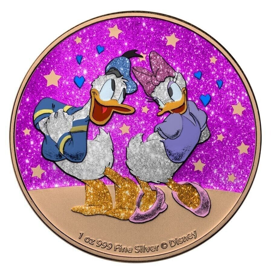 2021 $2 Donald and Daisy Duck Pink Diamond Dust Love Disney 1oz Silver Coin