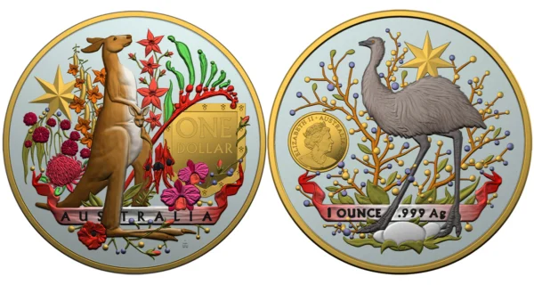 2021 Coat Of Arms Emu & Kangaroo 2 x 1oz Coloured Gilded Silver Coin Set - Image 2