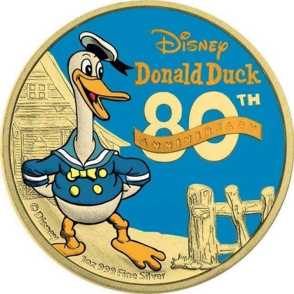 2014 $2 Donald Duck 80th Ann. Yellow Gold & Blue Gold 1oz Silver Coin