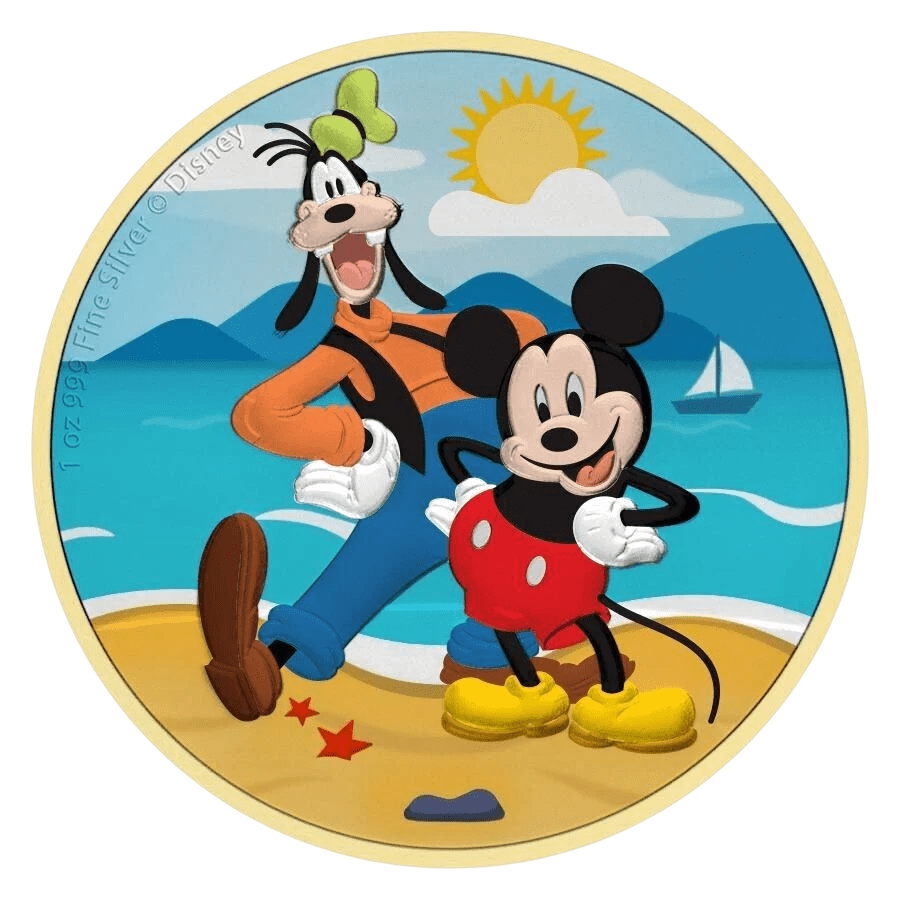 2021 $2 Mickey & Goofy Beach Disney 1oz Silver Coloured Gilded Coin