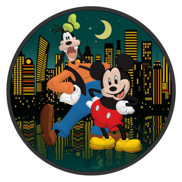 2021 $2 Mickey & Goofy Night City Disney 1oz Silver Coloured Coin