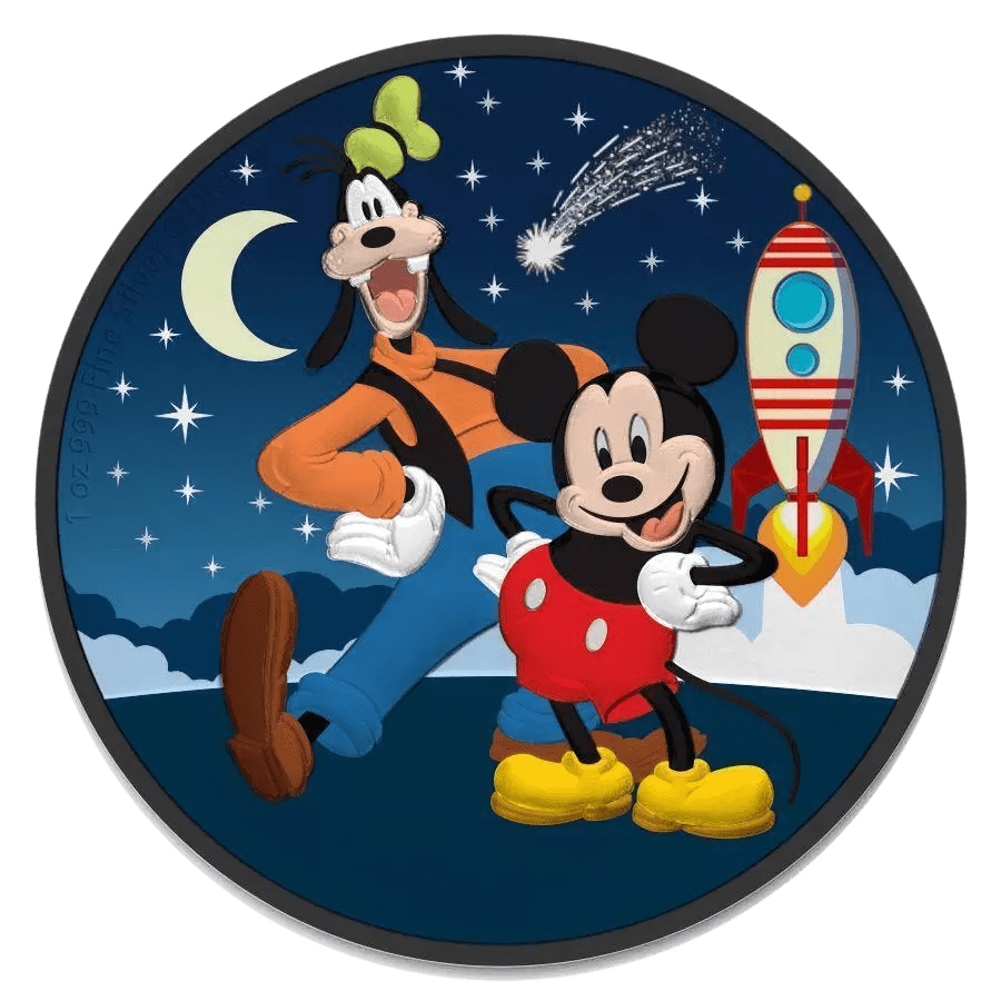 2021 $2 Mickey & Goofy Rocket Star Disney 1oz Silver Coloured Coin