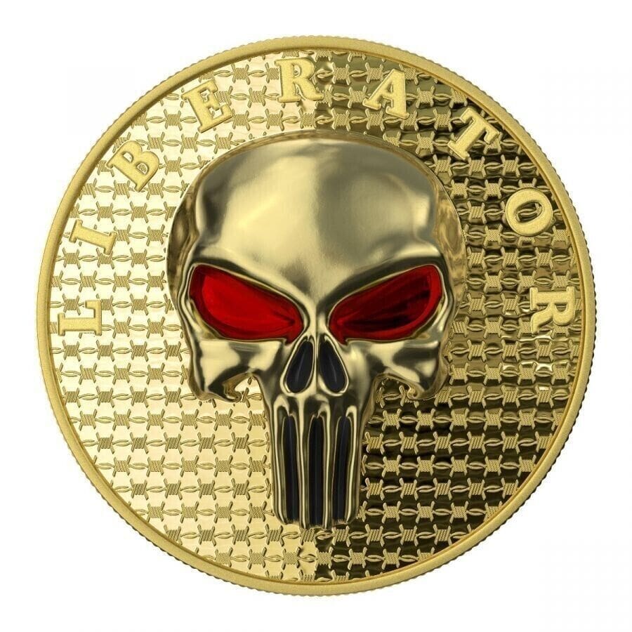 2021 The Liberator The Dark Side Skull Proof Yellow Gold Enamel Eye 1oz Silver Coin