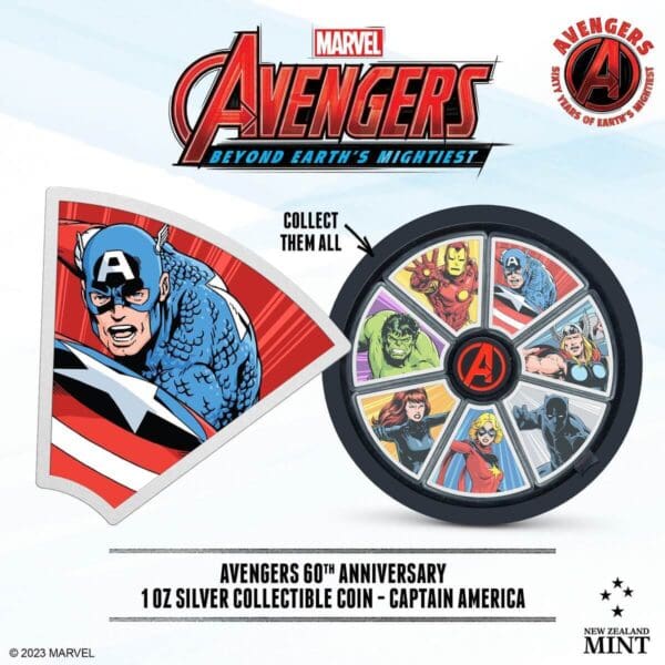 2023 $2 Marvel Avengers 60th Anniversary Captain America 1oz Silver Coin - Image 5