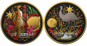 2021 Coat Of Arms Emu & Kangaroo 2 x 1oz Coloured Gilded Silver Coin Set