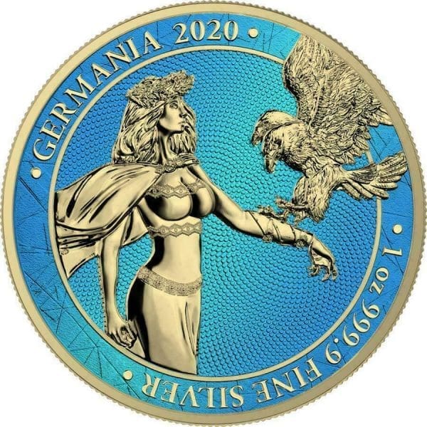 2020 5 Mark Lady Germania Space Blue & Gilded 1oz Silver Coin