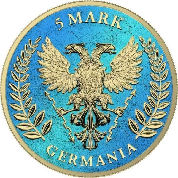 2020 5 Mark Lady Germania Space Blue & Gilded 1oz Silver Coin - Image 2