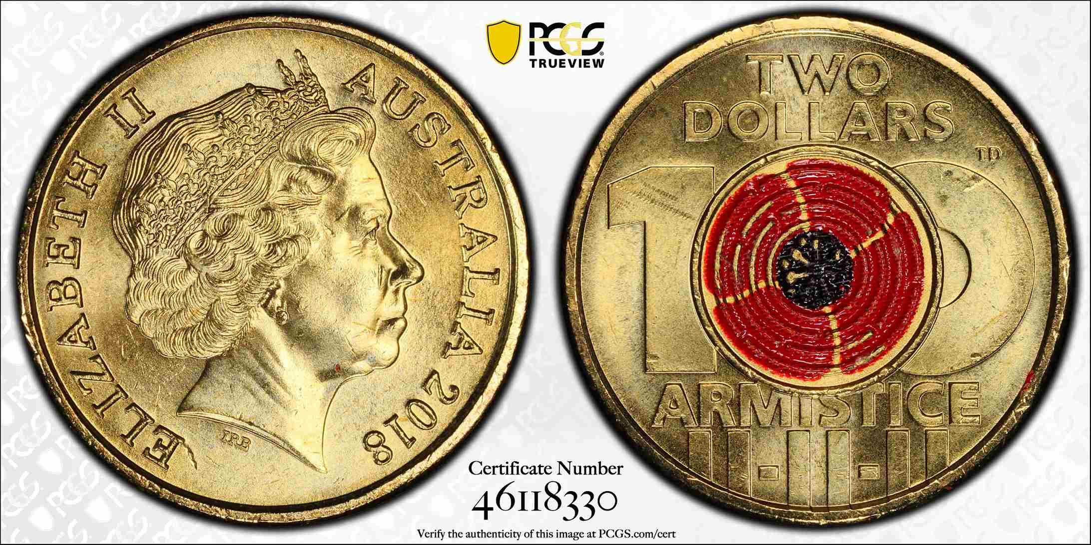 MS66 2018 $2 Armistice Centenary Coloured Australian Coin