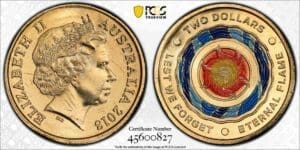 MS66 2018 $2 Eternal Flame Lest We Forget Coloured Australian Coin