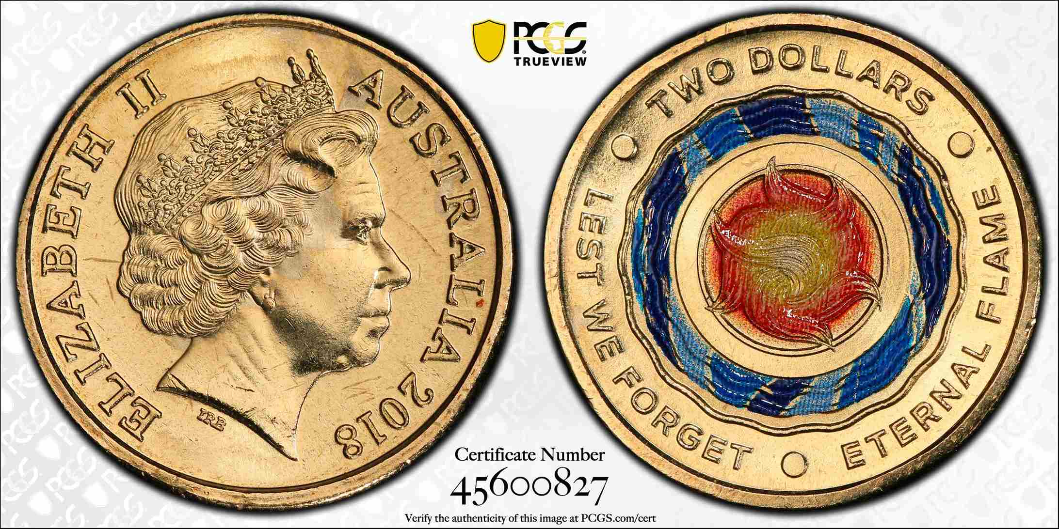 MS66 2018 $2 Eternal Flame Lest We Forget Coloured Australian Coin