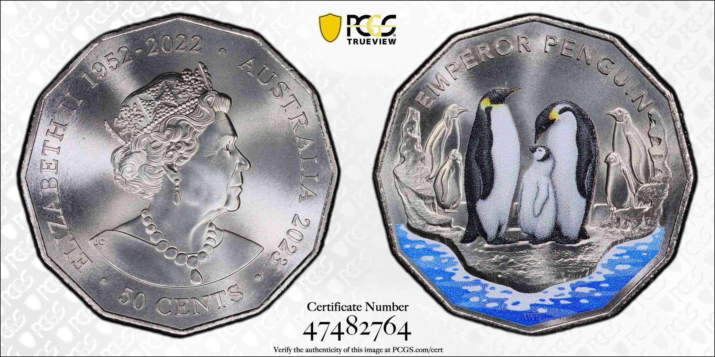 MS69 2023 50c Emporer Penguin Antarctic Territory Coloured Coin