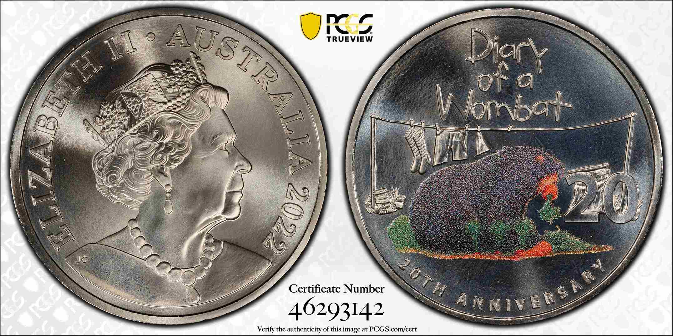 MS70 2022 20c Diary of a Wombat Coloured Australian Coin