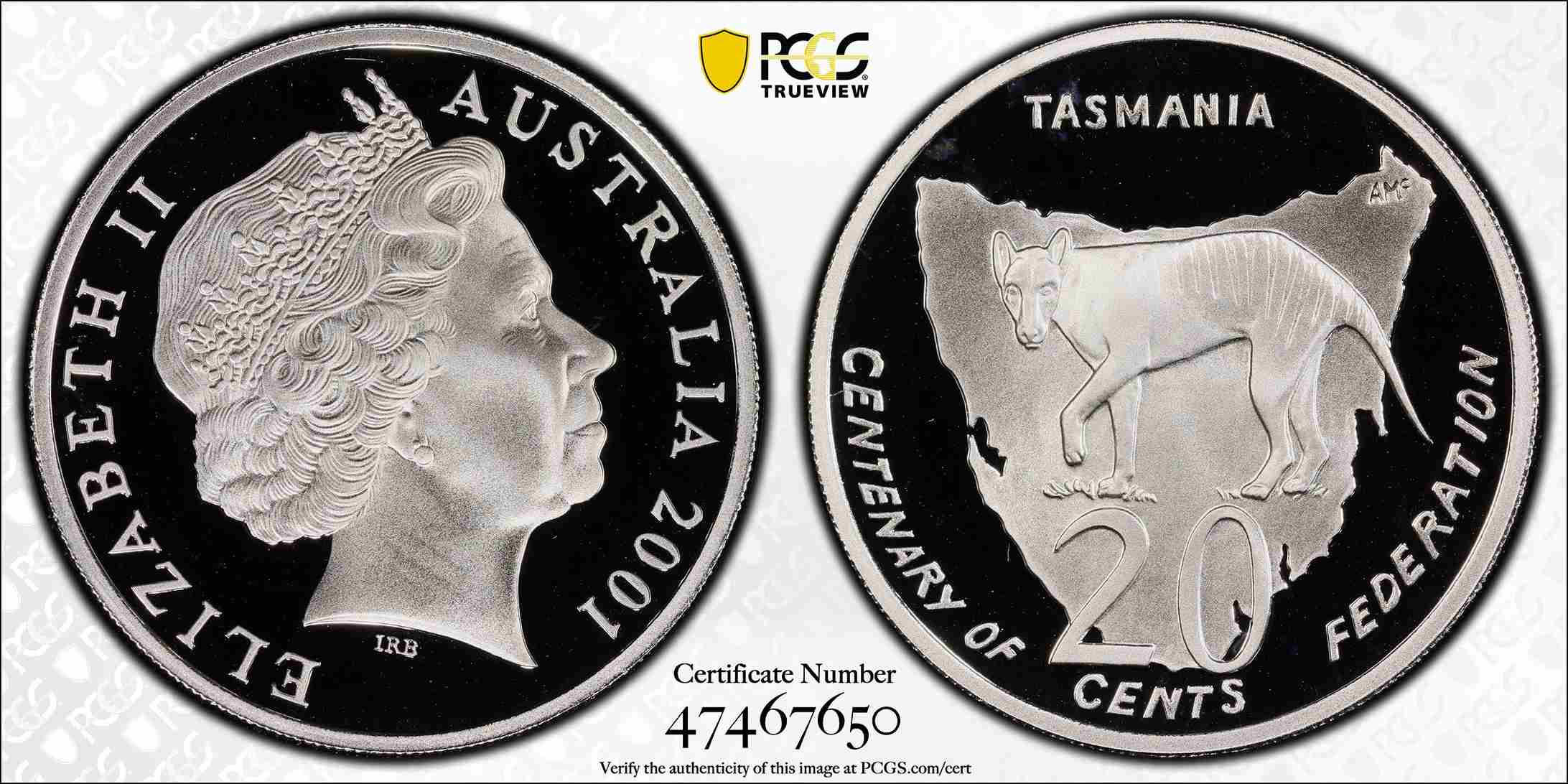 PR69DCAM 2001 20c Tasmania Centenary of Australian Federation Proof Coin