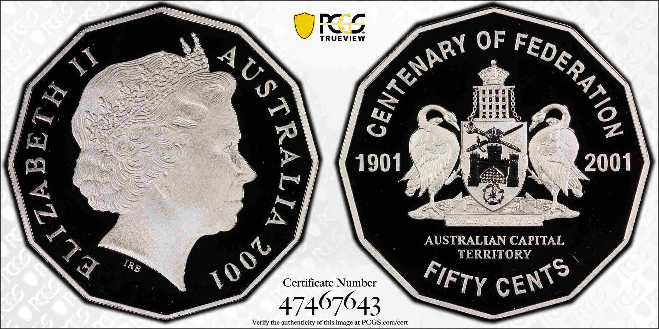 PR70DCAM 2001 50c Capital Territory Centenary of Federation Australia Proof Coin