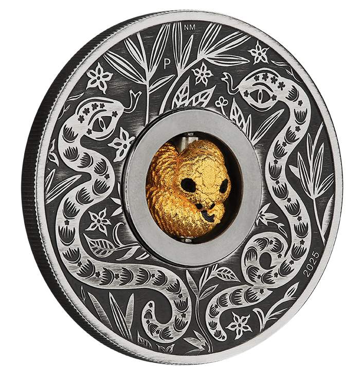 2025 $1 Year of the Snake Rotating Charm 1oz Silver Antiqued Coin