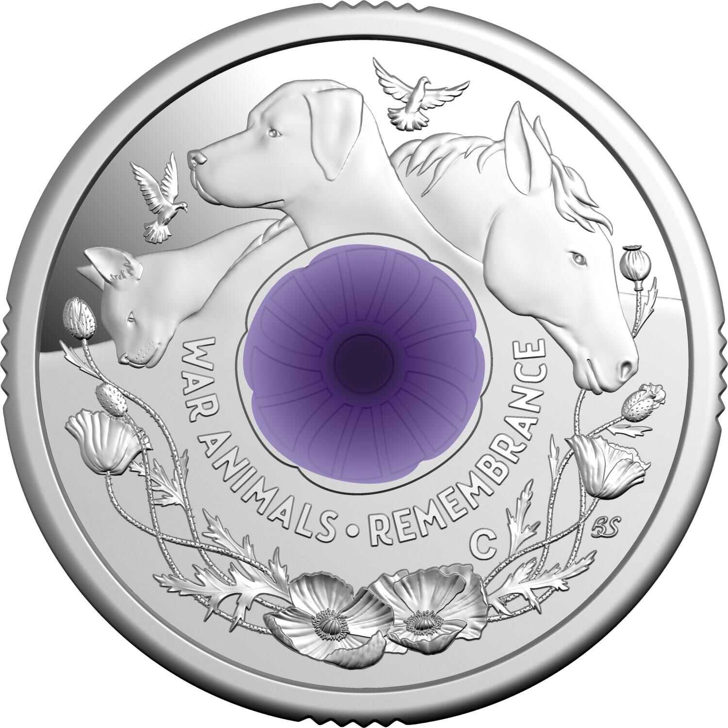 2024 $2 Purple Poppy War Animals Remembrance Silver 'C' Mintmark Proof Coin