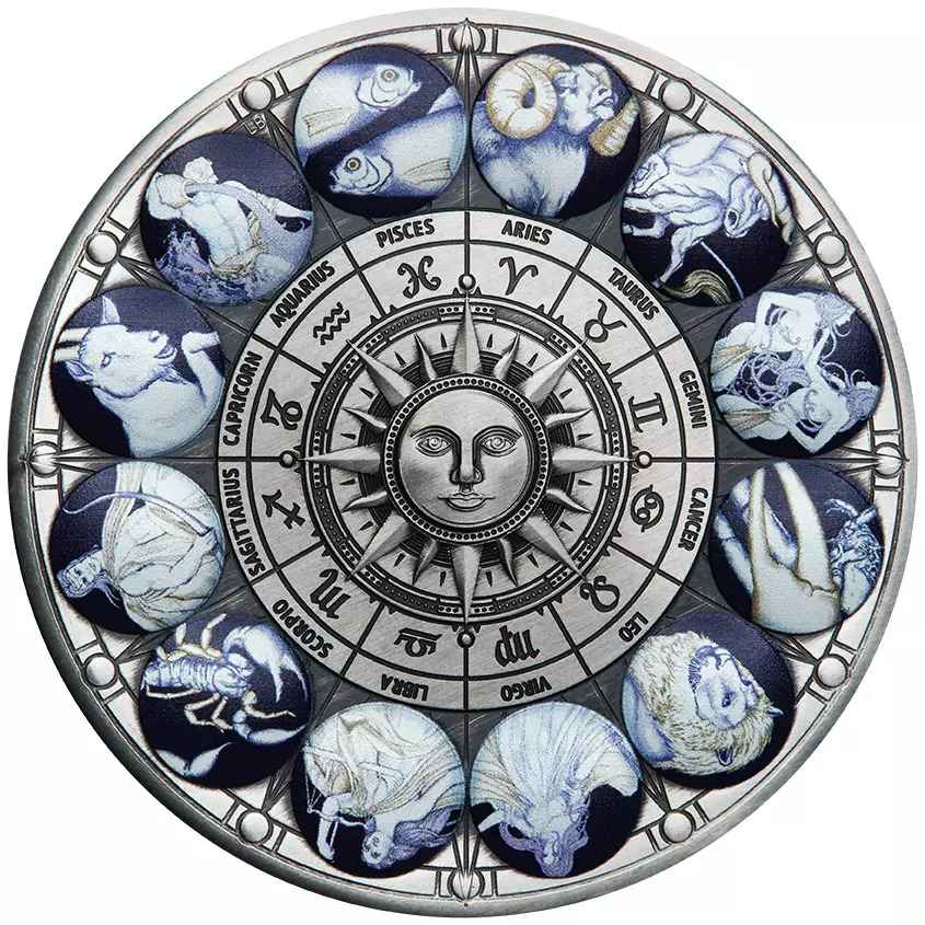 2022 $5 Signs of the Zodiac 5oz Silver Antiqued Coloured Proof Coin