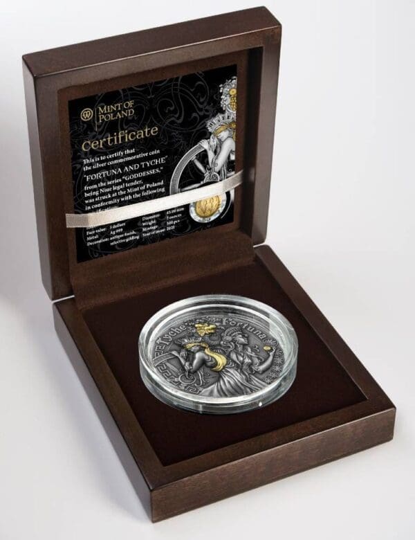 2021 $5 Fortuna & Tyche - Goddesses 2oz Silver Gilded Coin - Image 3